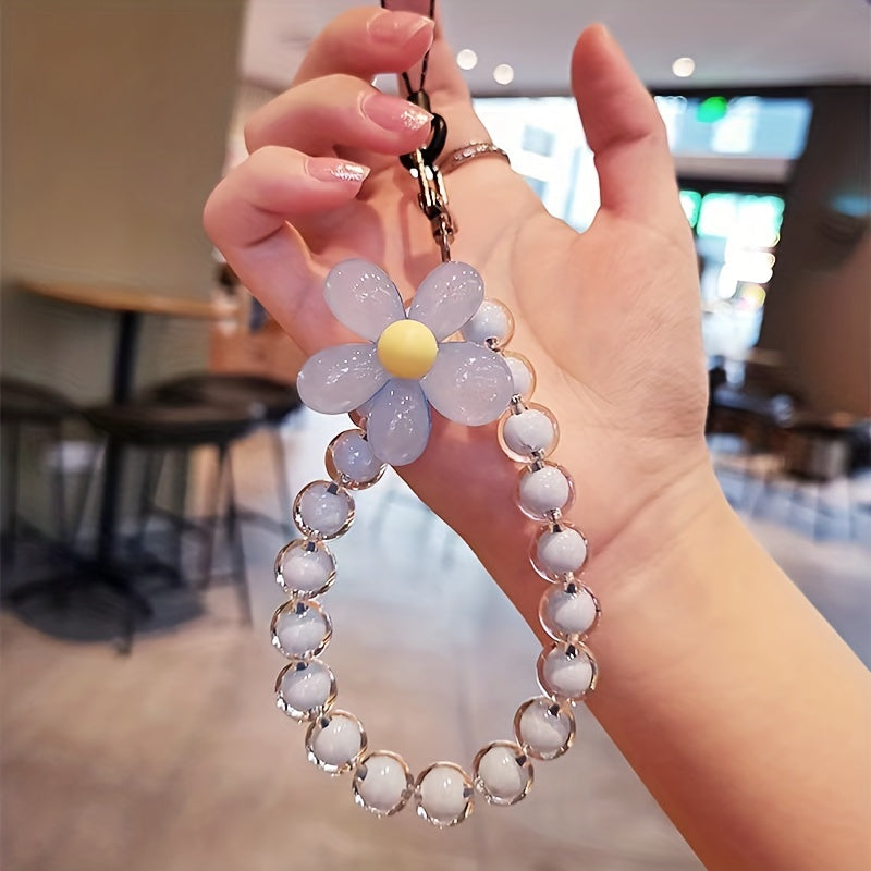 Handmade Flower Macaron Colorful Beaded Wrist Strap Mobile Phone Lanyard